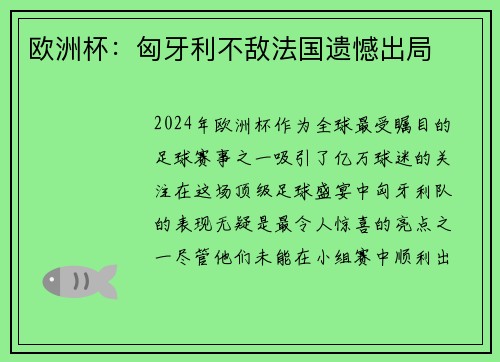 欧洲杯：匈牙利不敌法国遗憾出局